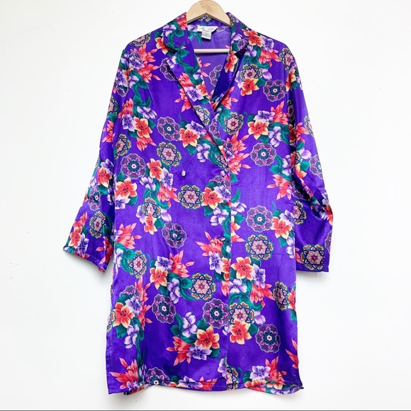 Vintage Purple Floral Button Long Line Jacket Blouse Women’s Size Small - Picture 1 of 9